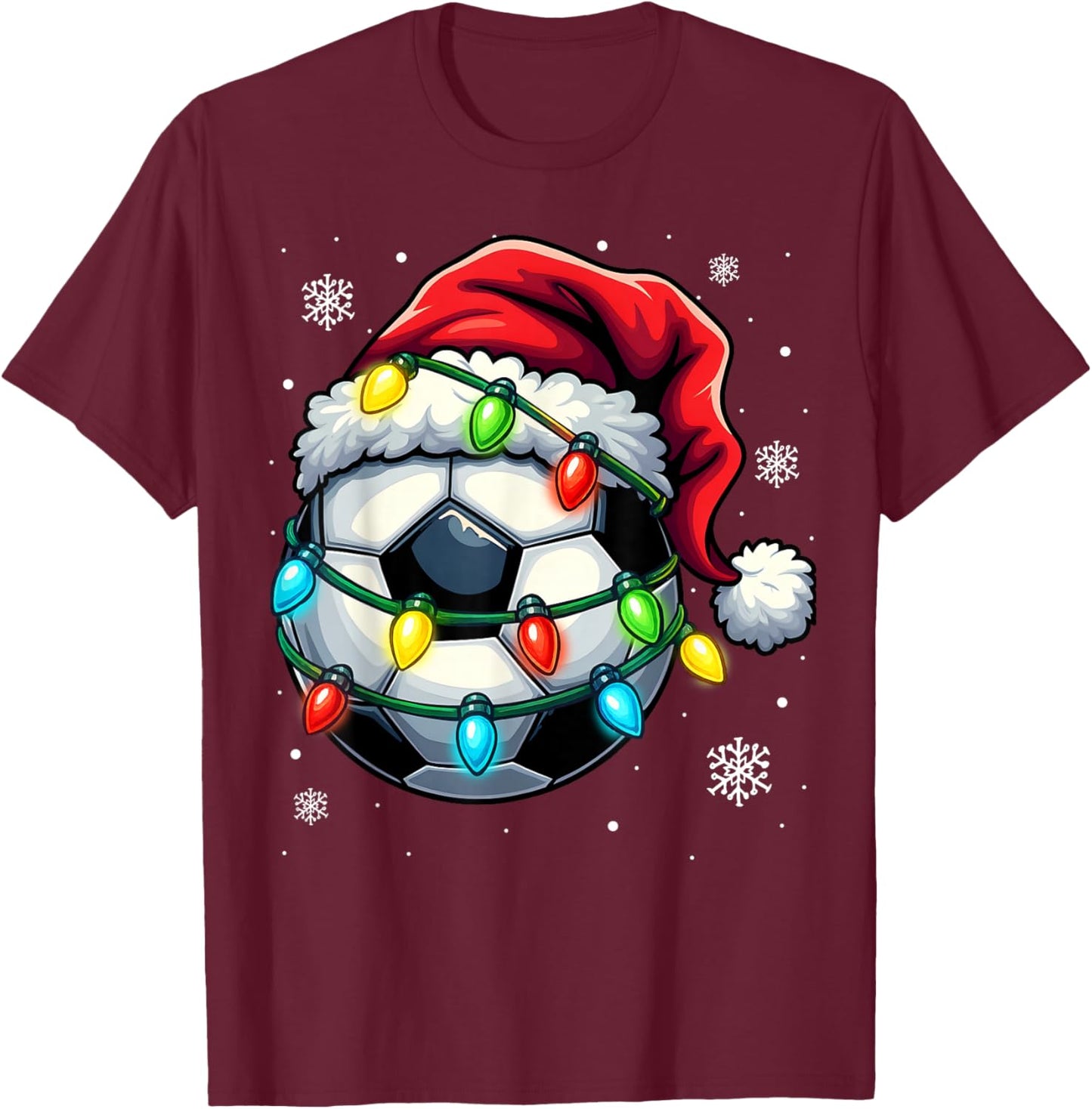 Christmas Soccer Ball Santa Hat Xmas Lights Funny Men Boys T-Shirt - T-Shirt | Maroon