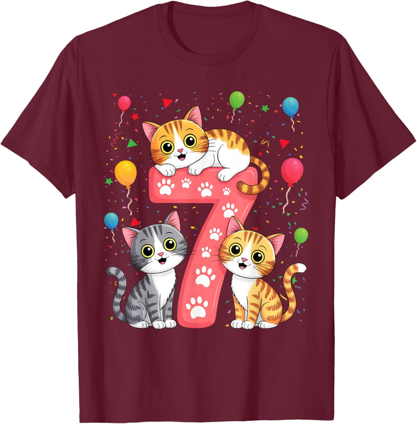 Kids 7th Birthday Girl Cats Outfit 7 Years Old T-Shirt - T-Shirt | Maroon