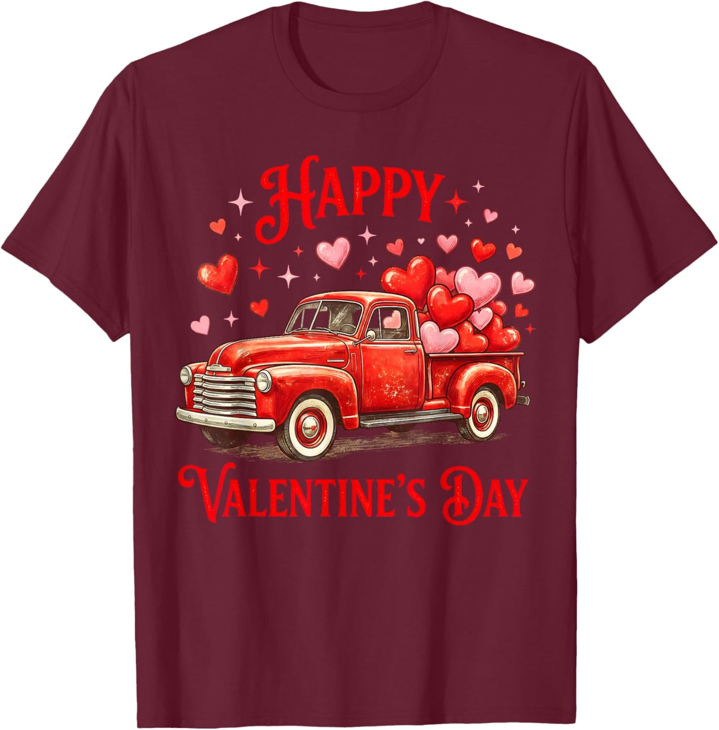 Happy Valentine's Day Classic Red Truck Hearts Adorable T-Shirt - T-Shirt | Maroon