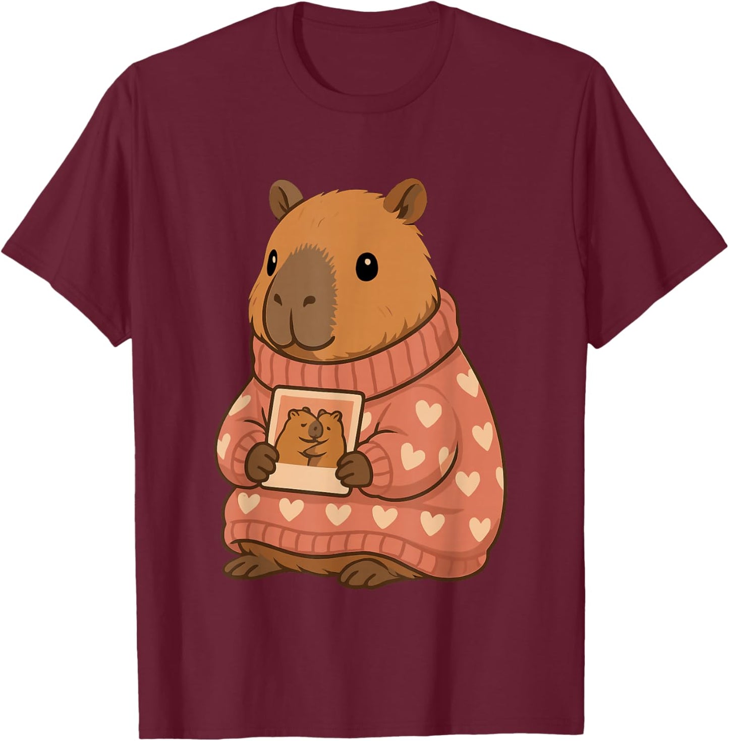 Capybara in Heart Sweater with Photo Illustration T-Shirt - T-Shirt | Maroon