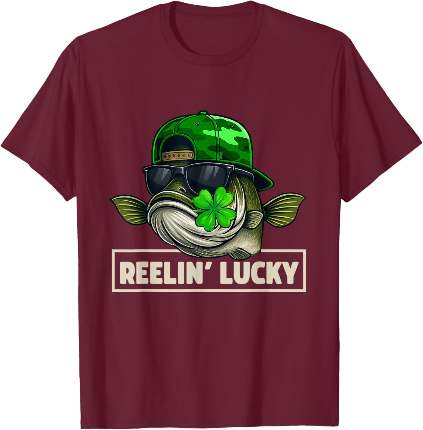 Reelin' Lucky Funny Fishing St Patrick's Day T-Shirt - T-Shirt | Maroon
