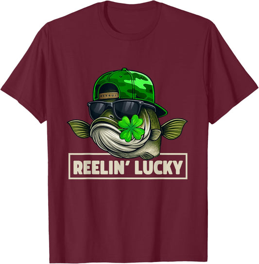 Reelin' Lucky Funny Fishing St Patrick's Day T-Shirt - T-Shirt | Maroon