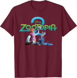Disney Zootopia 2 Poster Art with Nick Judy Gary & Logo T-Shirt - T-Shirt | Maroon