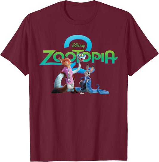 Disney Zootopia 2 Poster Art with Nick Judy Gary & Logo T-Shirt - T-Shirt | Maroon
