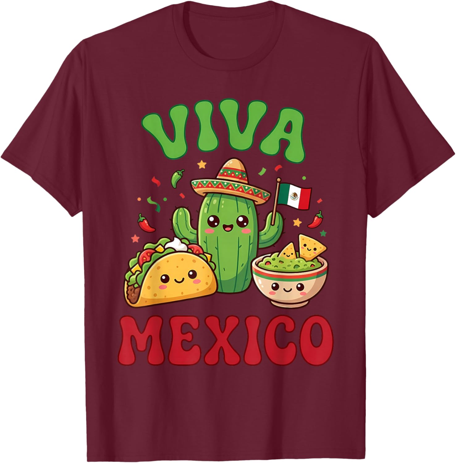 Kawaii Cute Taco Cactus Guacamole Viva Mexico Cinco de Mayo T-Shirt - T-Shirt | Maroon