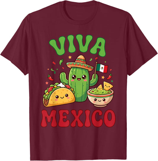 Kawaii Cute Taco Cactus Guacamole Viva Mexico Cinco de Mayo T-Shirt - T-Shirt | Maroon