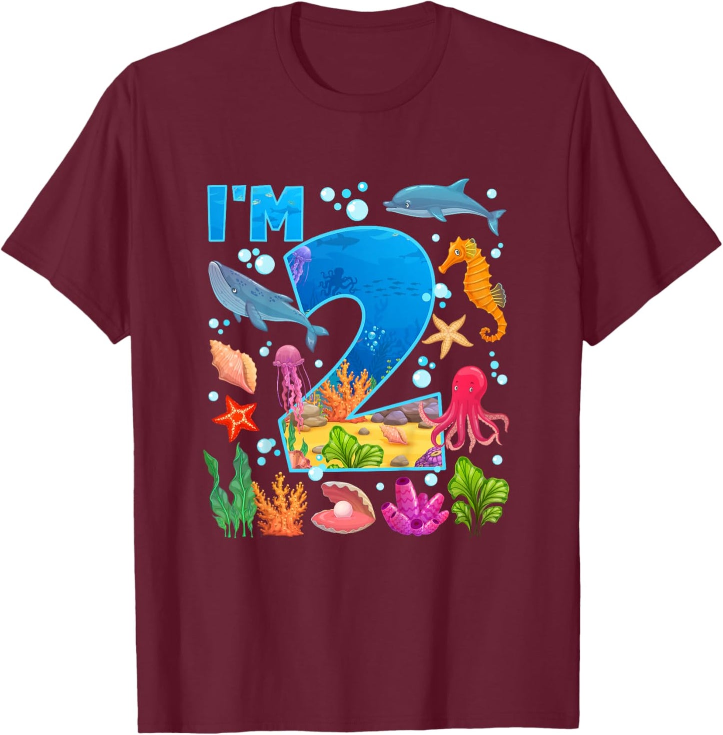2nd Ocean Birthday Party Two Year Old Sea Animals T-Shirt - T-Shirt | Maroon