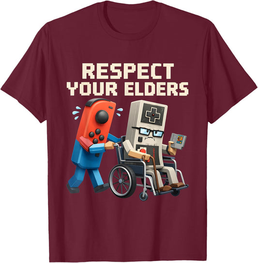 Retro Gamer Respect Your Elders 3D Controller T-Shirt - T-Shirt | Maroon