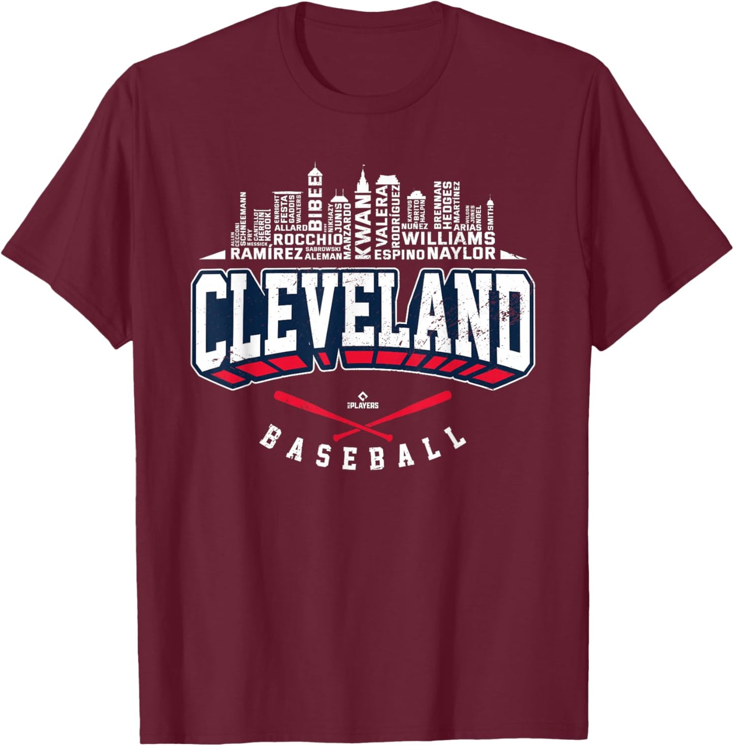 2025 Cleveland Team Skyline Word Art José Ramírez MLBPA T-Shirt - T-Shirt | Maroon