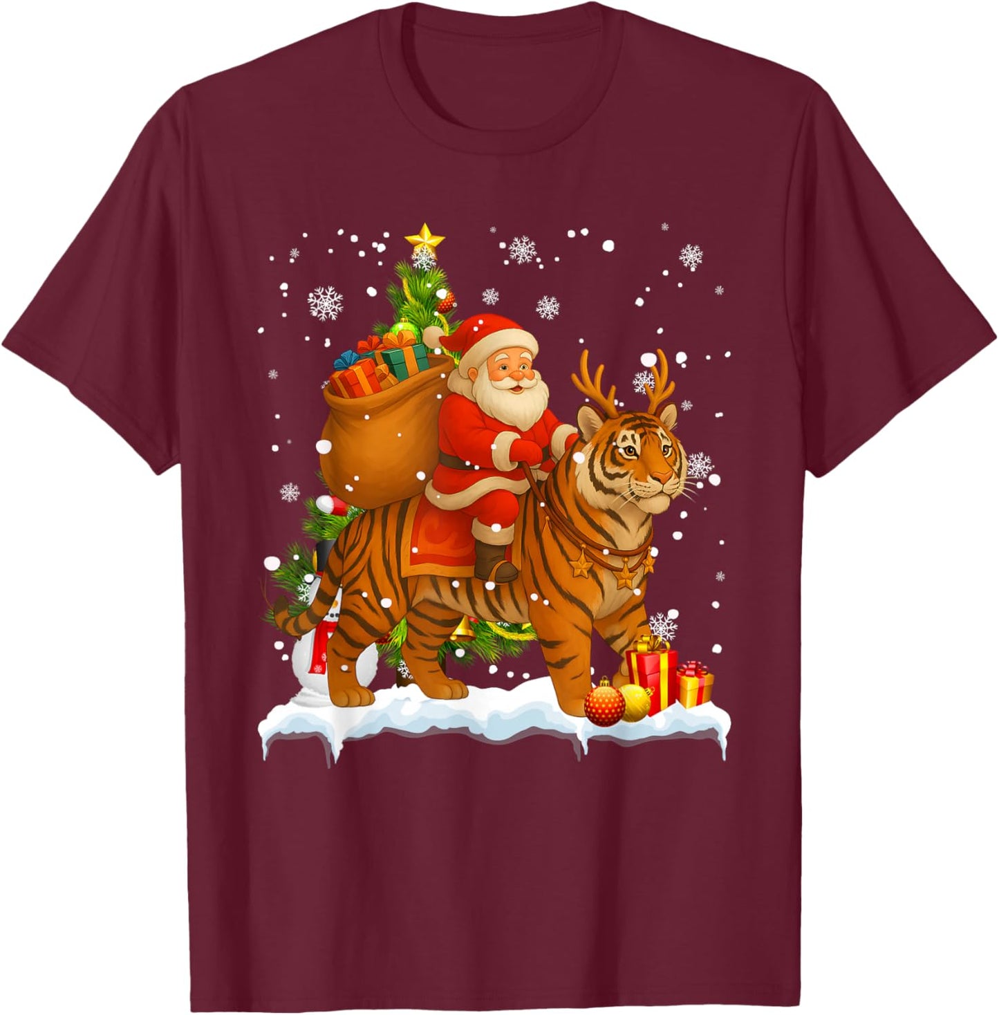 Xmas Decor Lights Funny Santa Riding Tiger Christmas T-Shirt - T-Shirt | Maroon