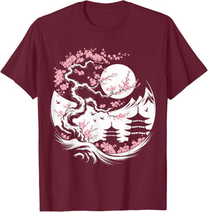 Cherry Blossom Sakura Night Japanese Landscape T-Shirt - T-Shirt | Maroon
