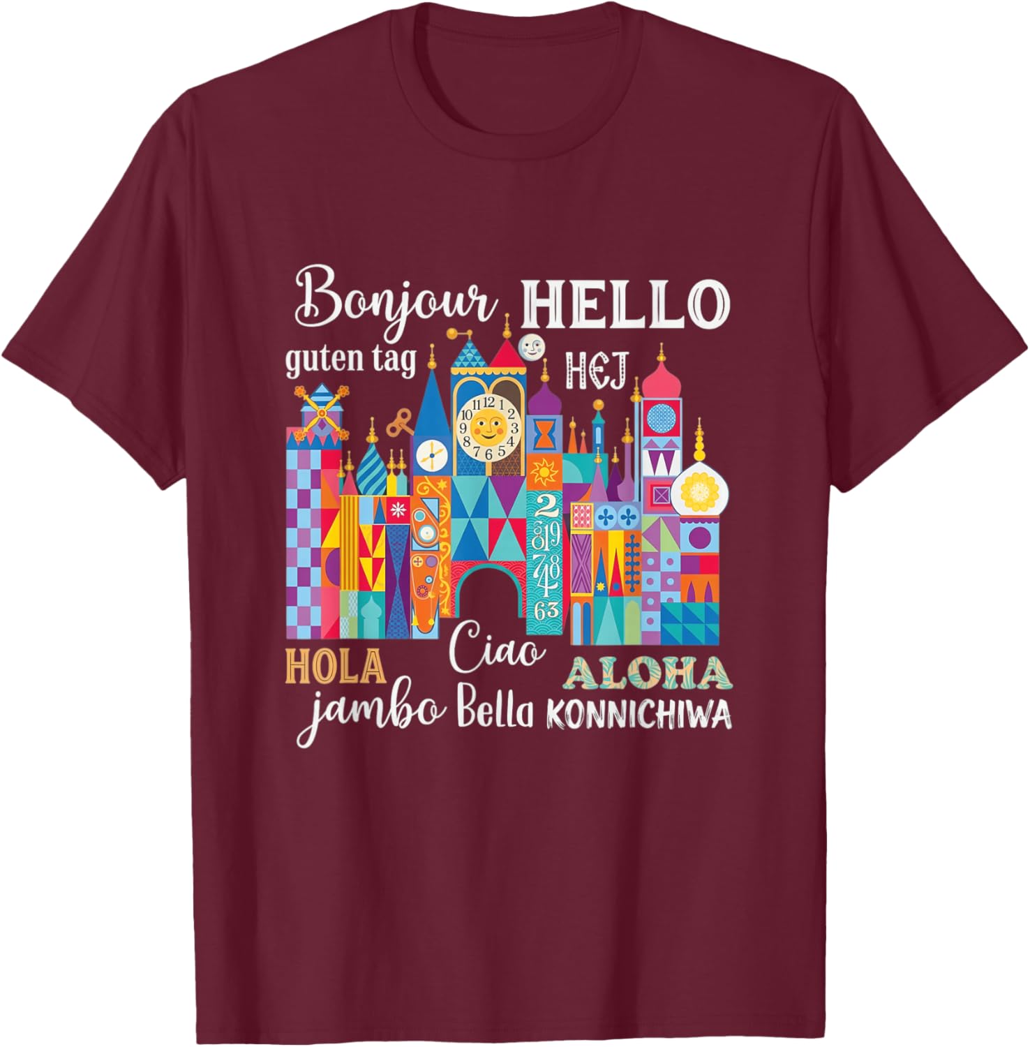 International Hello Heart Multilingual Traveler Graphic T-Shirt - T-Shirt | Maroon
