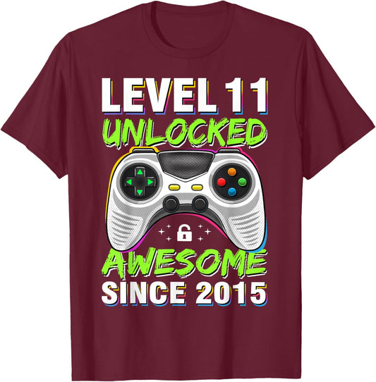 Level 11 Unlocked Awesome Since 2015 11th Birthday Gaming T-Shirt - T-Shirt | Maroon