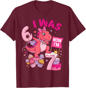 I was 6 Now I'm 7 T-Rex Girl 6 7 Birthday T-Shirt - T-Shirt | Maroon