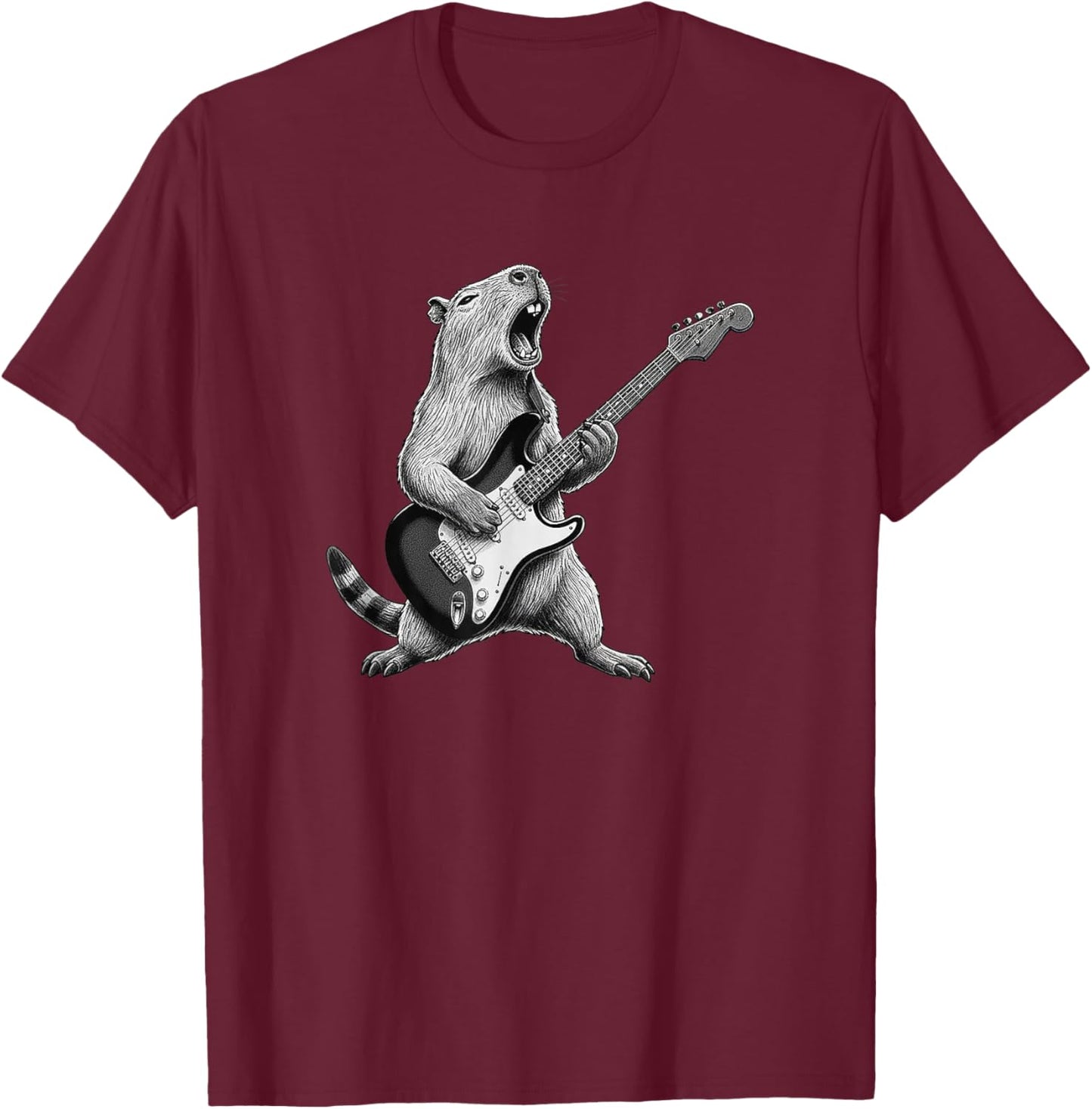 Funny Capybara Playing Guitar Rock and Roll Men Women Kids T-Shirt - T-Shirt | Maroon