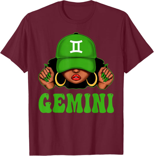 Gemini Black Woman Cap Hat Zodiac Sign Birthday Women T-Shirt - T-Shirt | Maroon