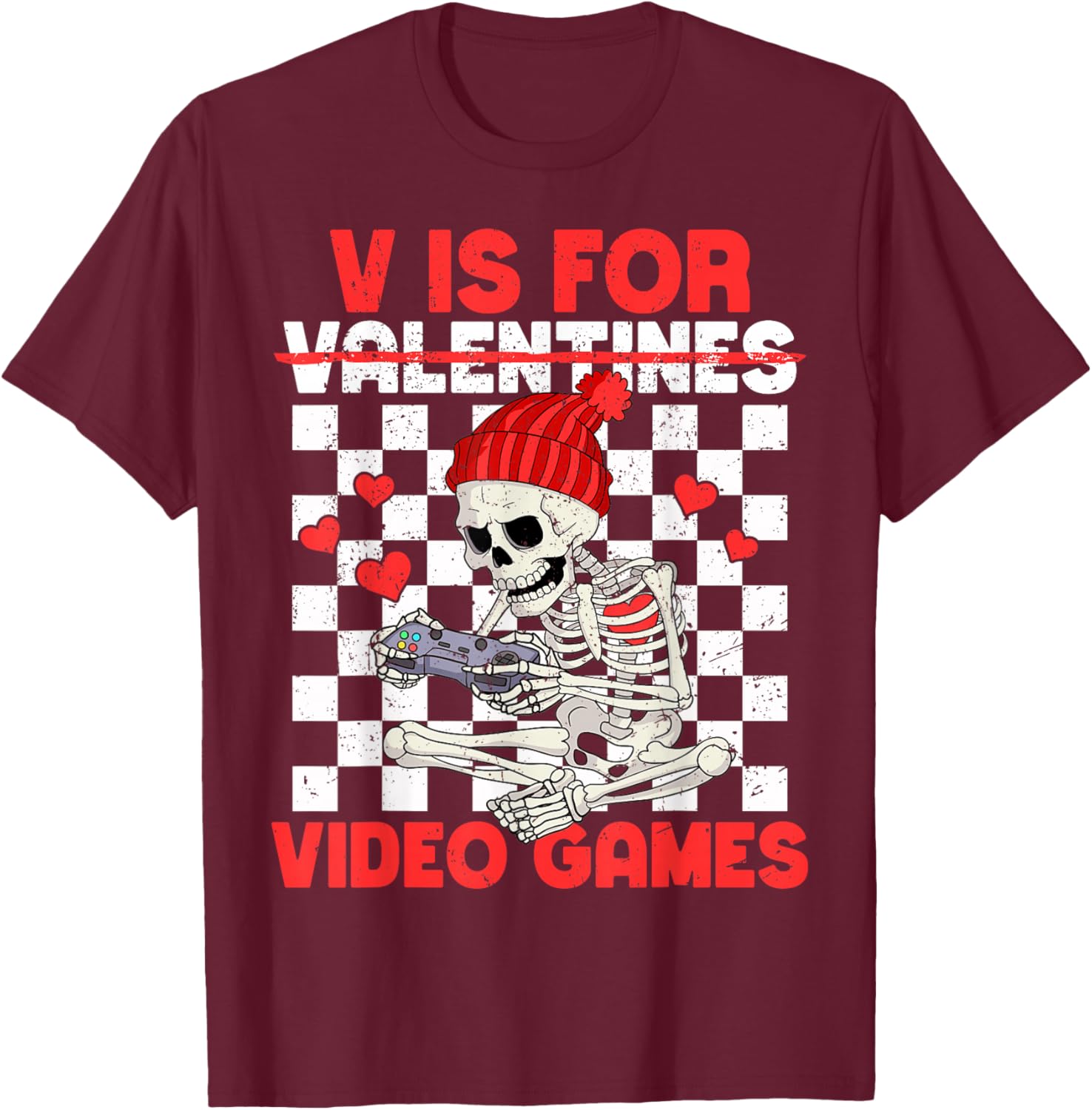 V is for Video Games Funny Boys Valentines Skeleton Gamer T-Shirt - T-Shirt | Maroon