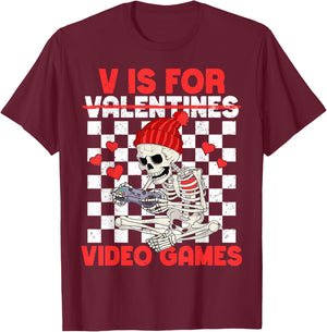 V is for Video Games Funny Boys Valentines Skeleton Gamer T-Shirt - T-Shirt | Maroon