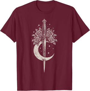 Sword Flowers Moon Romantic Goth Grunge Y2K Alt Aesthetic T-Shirt - T-Shirt | Maroon