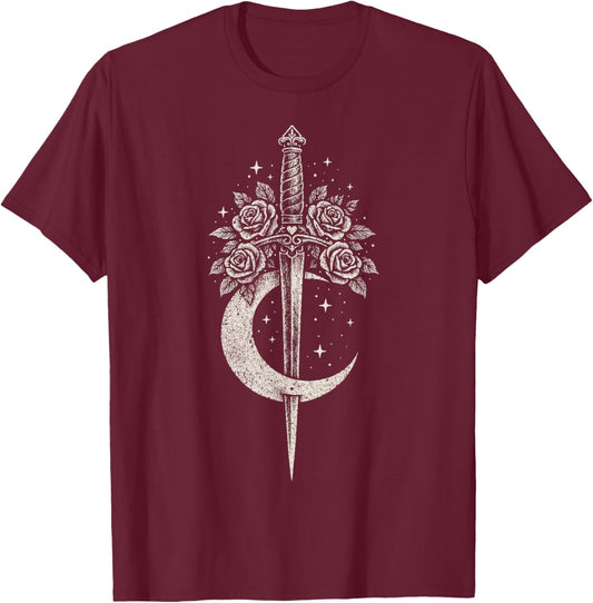 Sword Flowers Moon Romantic Goth Grunge Y2K Alt Aesthetic T-Shirt - T-Shirt | Maroon