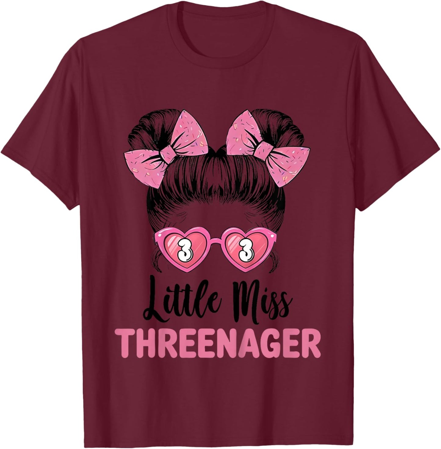 Little Miss Threenager 3rd Birthday 3 Messy Bun Girls Kids T-Shirt - T-Shirt | Maroon