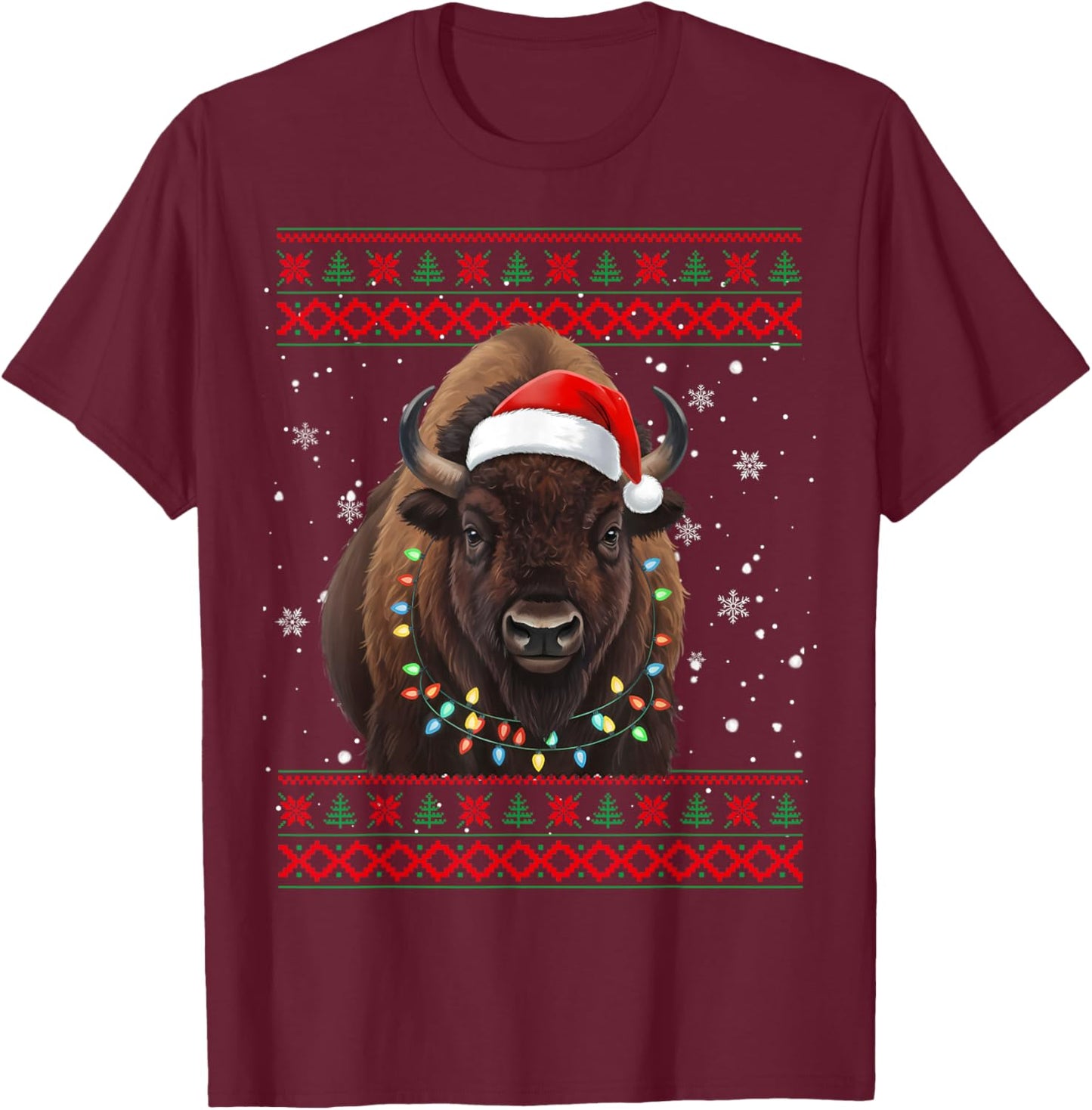 Bison Christmas Bison Xmas Tree Lights Family Matching T-Shirt - T-Shirt | Maroon