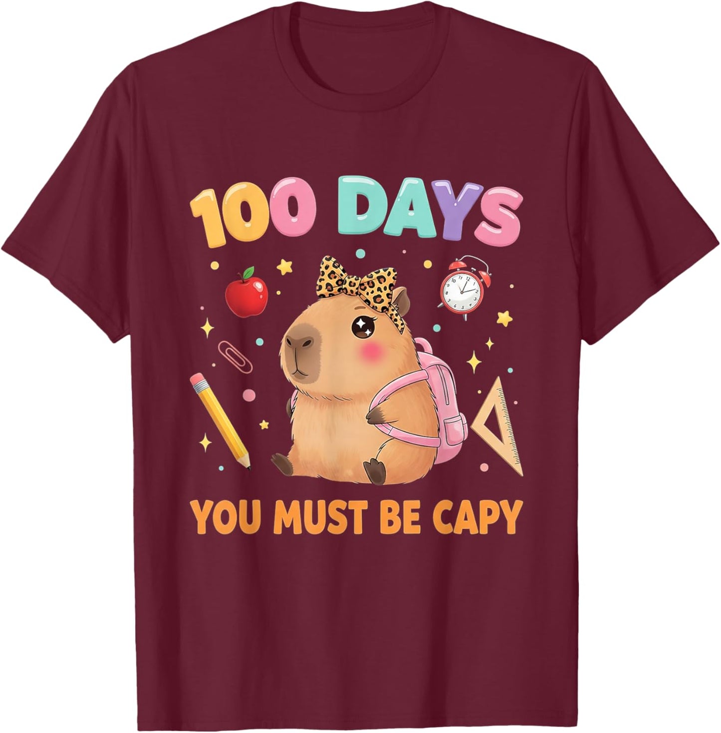 Cute 100 Days of School Capybara with Leopard Bow Teacher T-Shirt - T-Shirt | Maroon