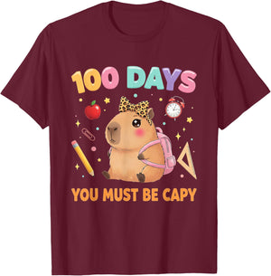 Cute 100 Days of School Capybara with Leopard Bow Teacher T-Shirt - T-Shirt | Maroon