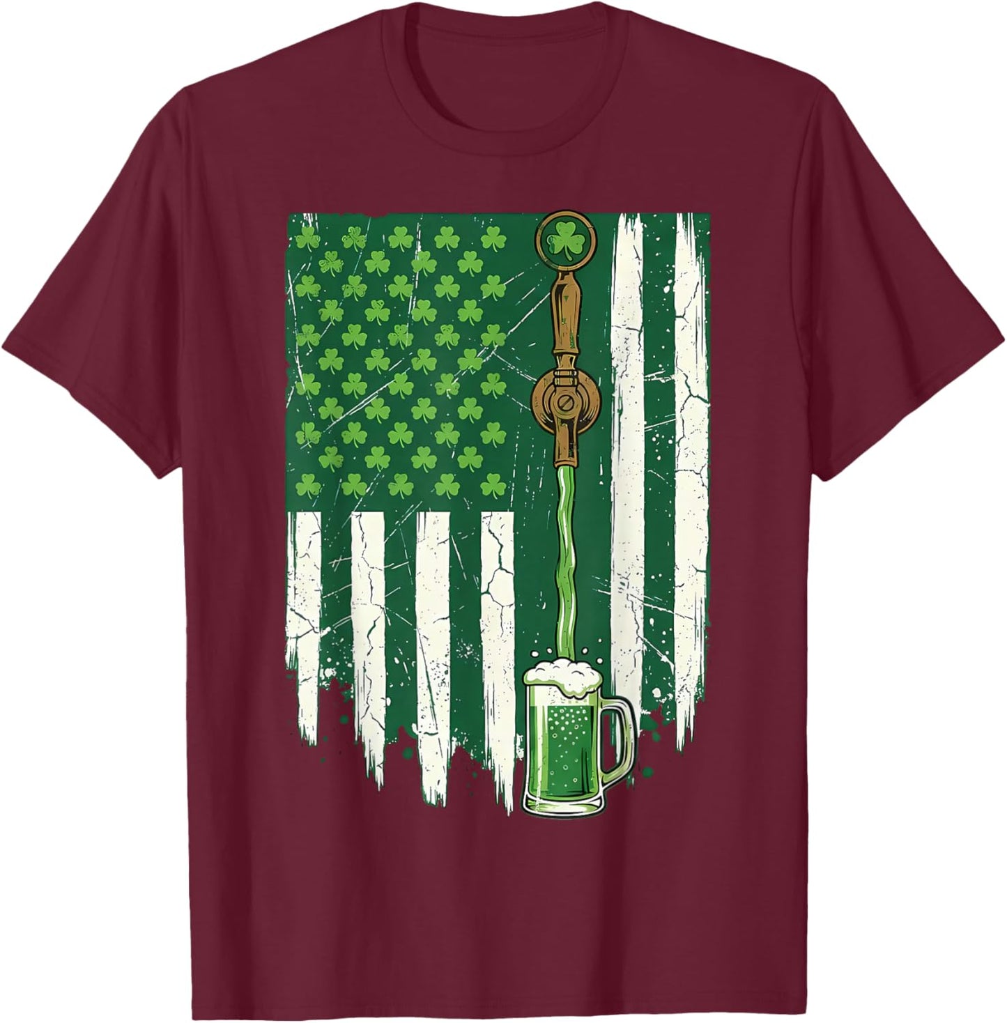 Shamrock Beer USA Flag, St Patricks Irish Drinking Apparel T-Shirt - T-Shirt | Maroon