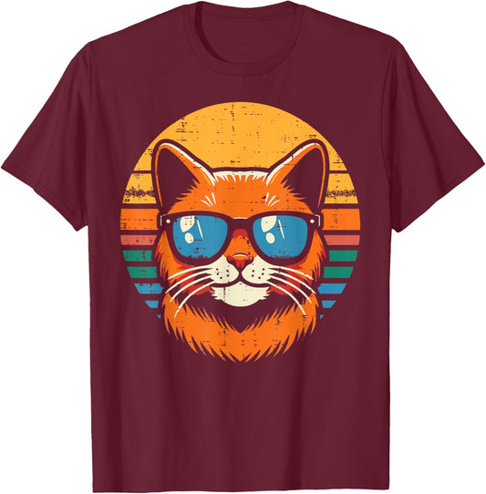 Orange Cat Face Sunglasses Sunset Retro Kitten Men Women Kid T-Shirt - T-Shirt | Maroon