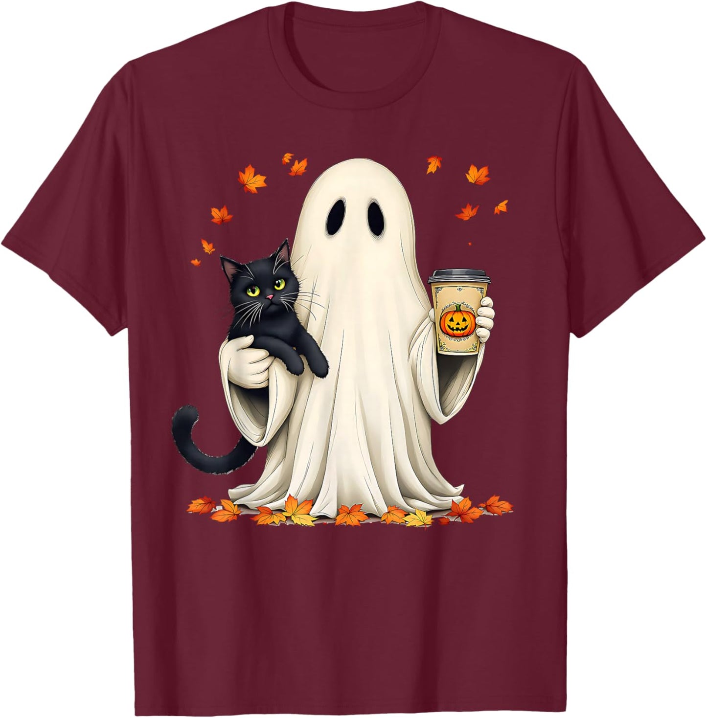 Ghost Holding a Cat with Pumpkin Coffee Halloween & Autumn T-Shirt - T-Shirt | Maroon