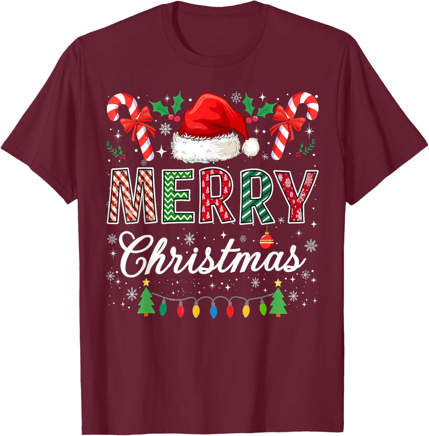 Merry Christmas Xmas Lights Matching Family Men Women Kids T-Shirt - T-Shirt | Maroon