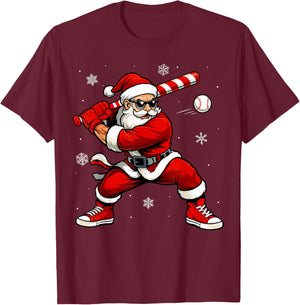 Santa Playing Baseball Xmas Funny Christmas Baseball Santa T-Shirt - T-Shirt | Maroon