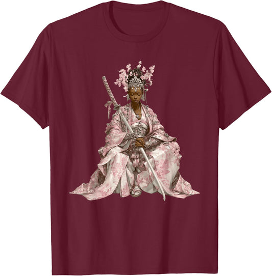 African Cherry Blossom Samurai Queen with Pink Kimono T-Shirt - T-Shirt | Maroon