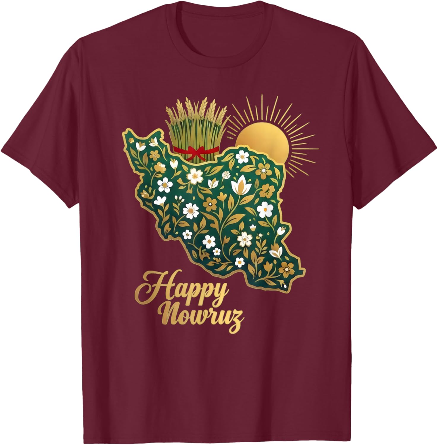 Happy Nowruz Persian New Year Iran Map Floral Spring Sabzeh T-Shirt - T-Shirt | Maroon