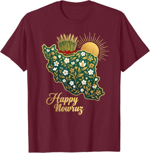 Happy Nowruz Persian New Year Iran Map Floral Spring Sabzeh T-Shirt - T-Shirt | Maroon