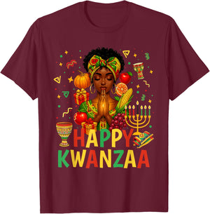 Happy Kwanzaa Pray Black Woman Afro American Christian T-Shirt - T-Shirt | Maroon