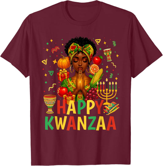 Happy Kwanzaa Pray Black Woman Afro American Christian T-Shirt - T-Shirt | Maroon