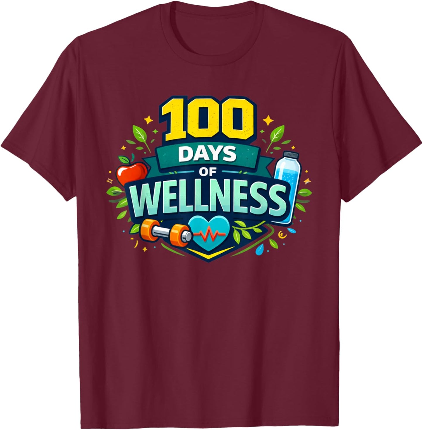 100 Days of Wellness 100th Day of School PE Teacher T-Shirt - T-Shirt | Maroon