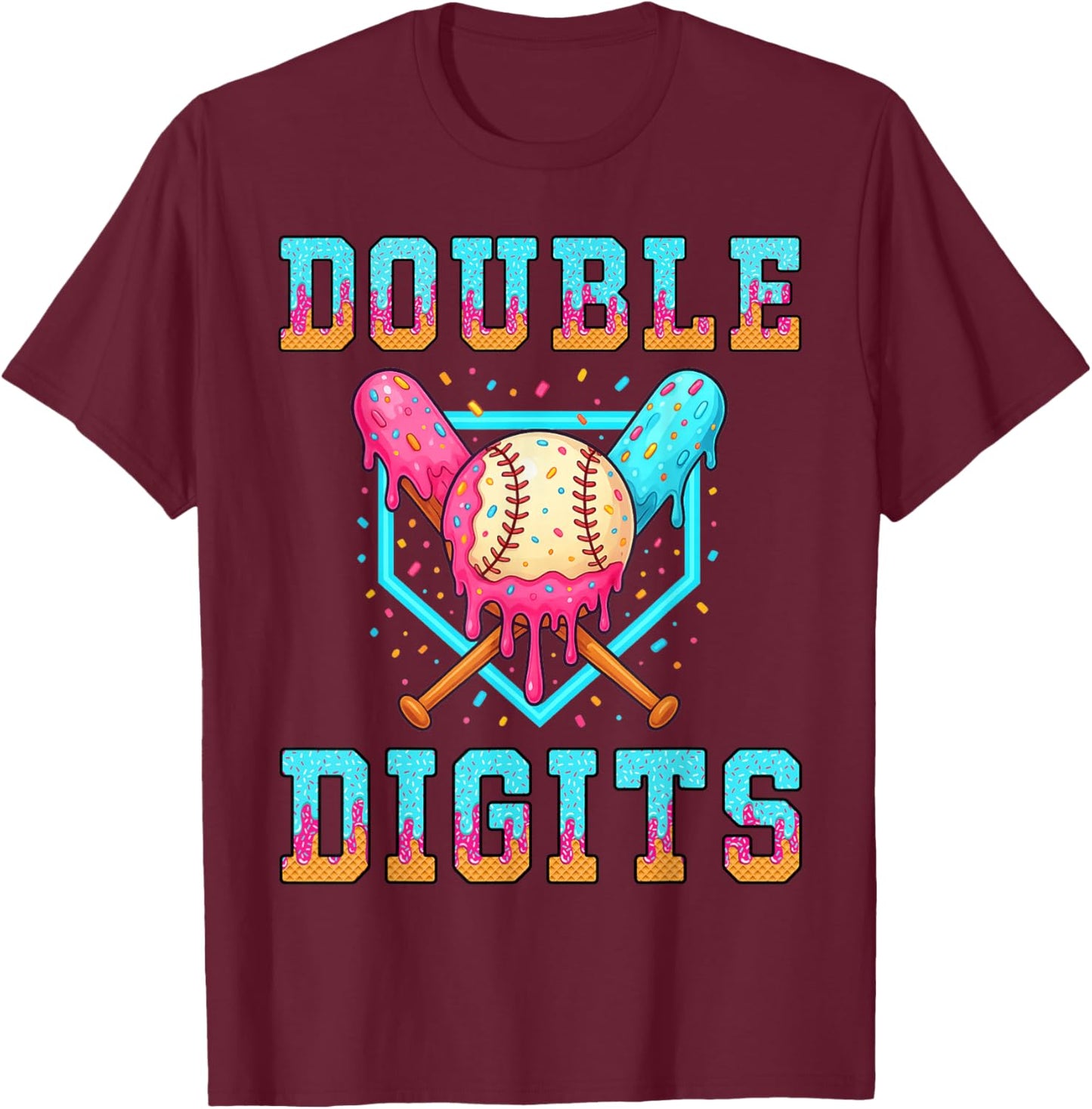 Double Digits Birthday Boy 10th Baseball Drip Birthday Party T-Shirt - T-Shirt | Maroon