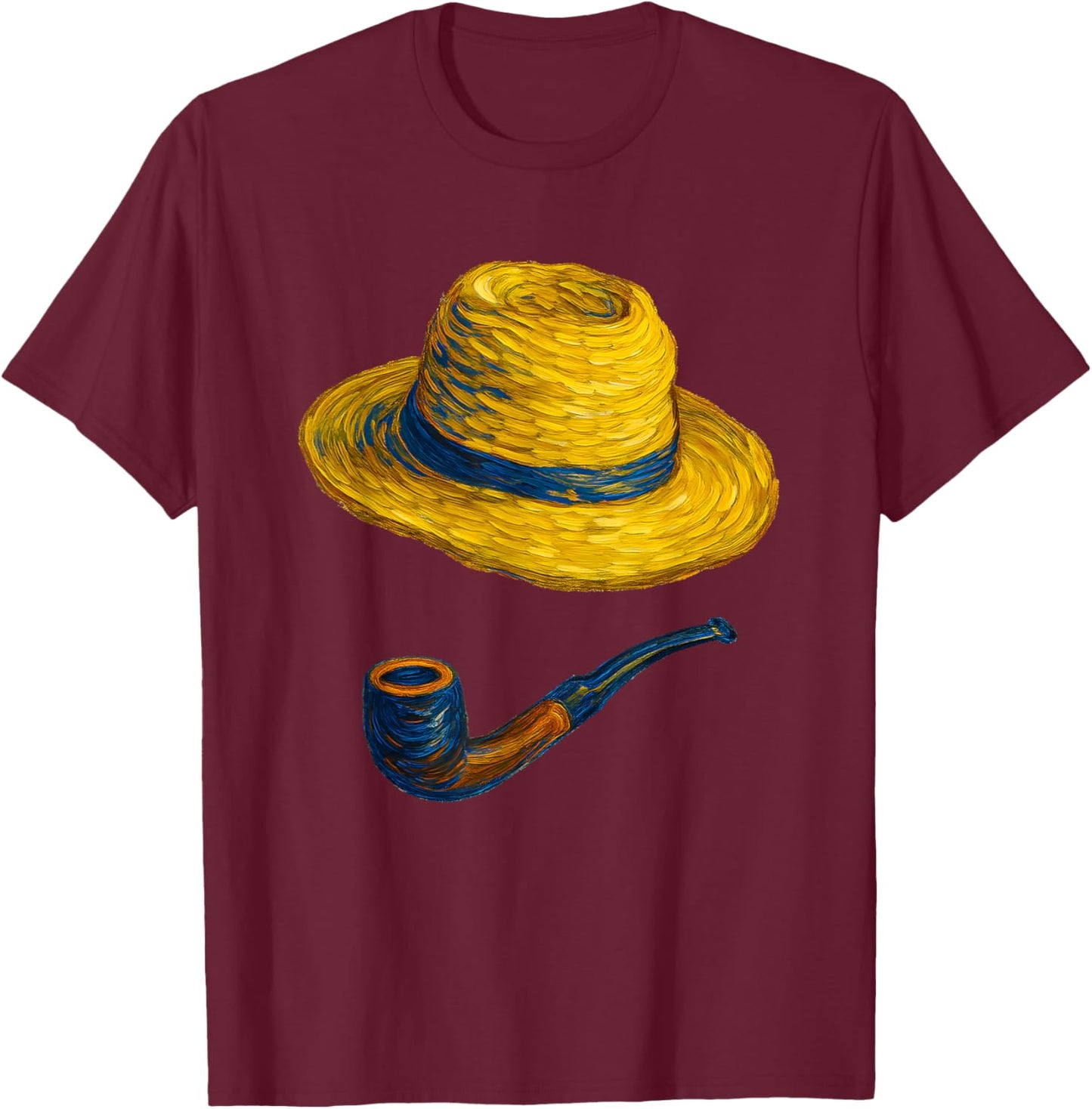 Straw Hat and Blue Pipe Van Gogh Style Art Painting T-Shirt - T-Shirt | Maroon