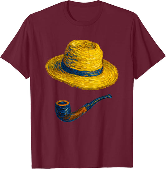 Straw Hat and Blue Pipe Van Gogh Style Art Painting T-Shirt - T-Shirt | Maroon