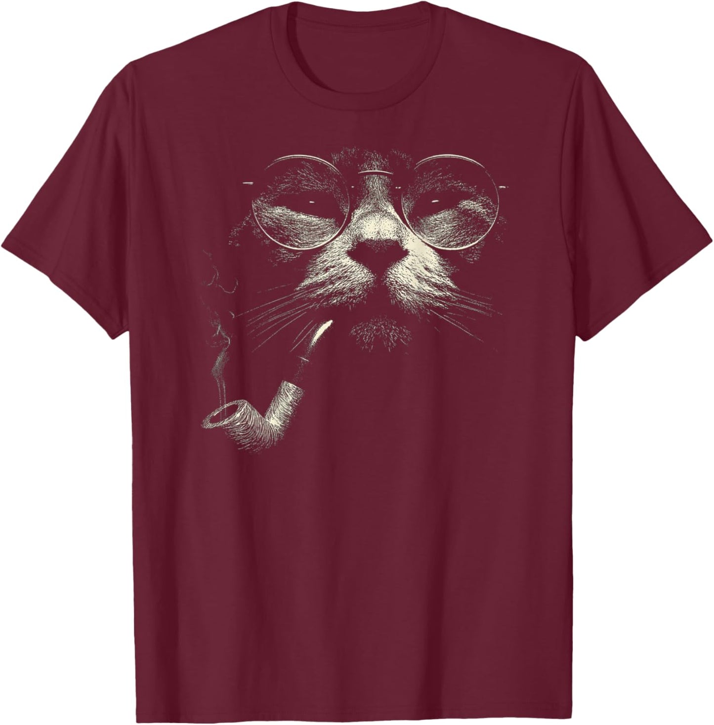 Cat Smoking Pipe Glasses Vintage Meme Grunge 90s ON Back T-Shirt - T-Shirt | Maroon