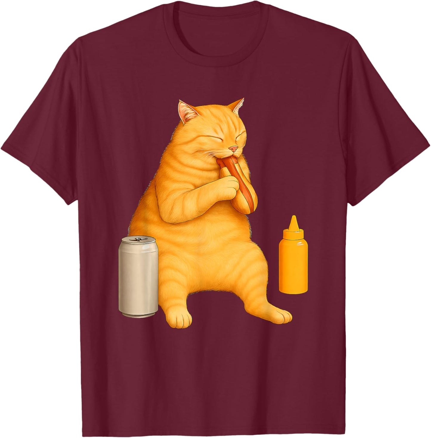 Funny Cat Eating Hot Dog for Foodies and Pet Lovers T-Shirt - T-Shirt | Maroon
