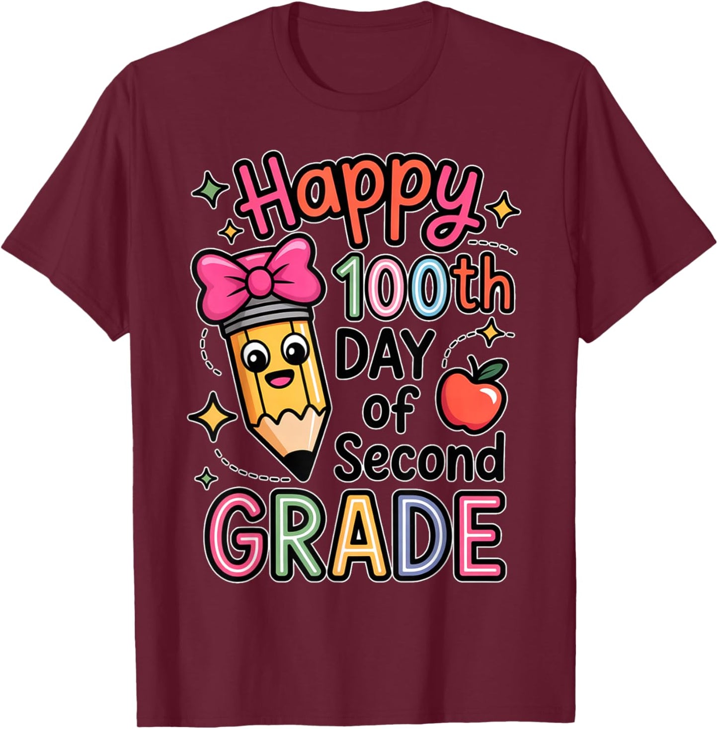 100th Day of School Second Grade Pencil T-Shirt - T-Shirt | Maroon