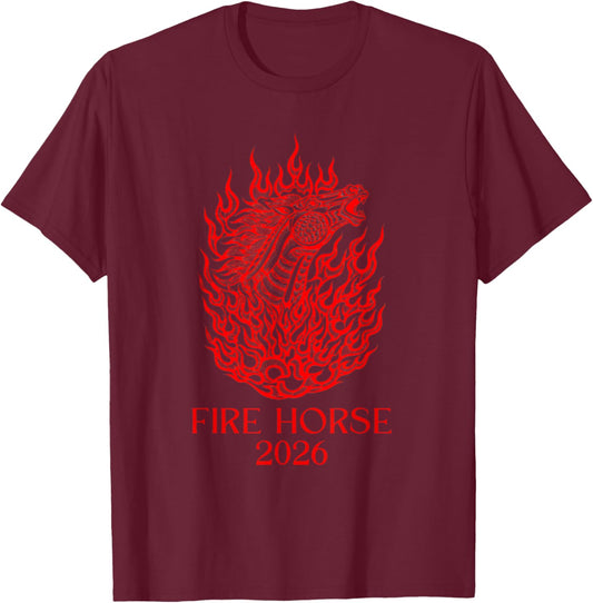 Chinese Zodiac Horse, Lunar New Year, Fire Horse 2026 T-Shirt - T-Shirt | Maroon