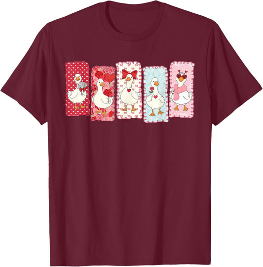 Cute Valentine Love Goose Portraits Coquette T-Shirt - T-Shirt | Maroon