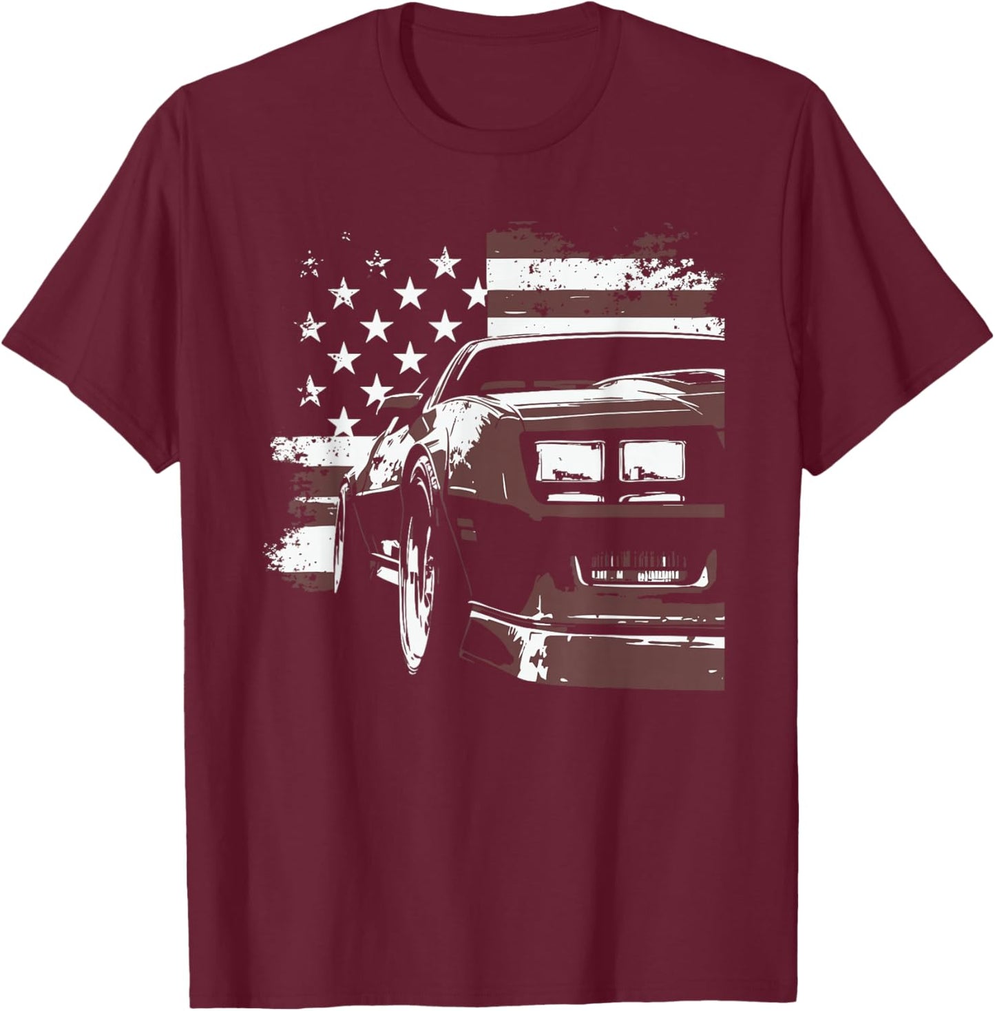 Patriotic Muscle Car IROC Z Front Headlight Corner USA Flag T-Shirt - T-Shirt | Maroon