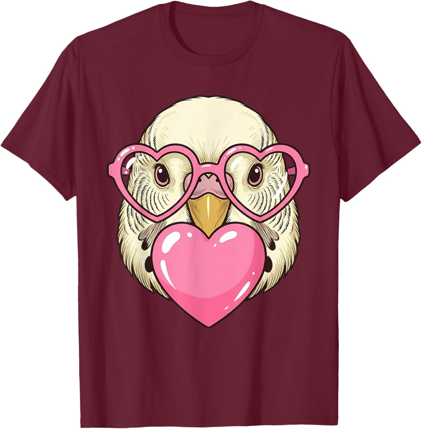 Cute Parakeet Blowing Pink Valentine Heart Bubble Gum T-Shirt - T-Shirt | Maroon