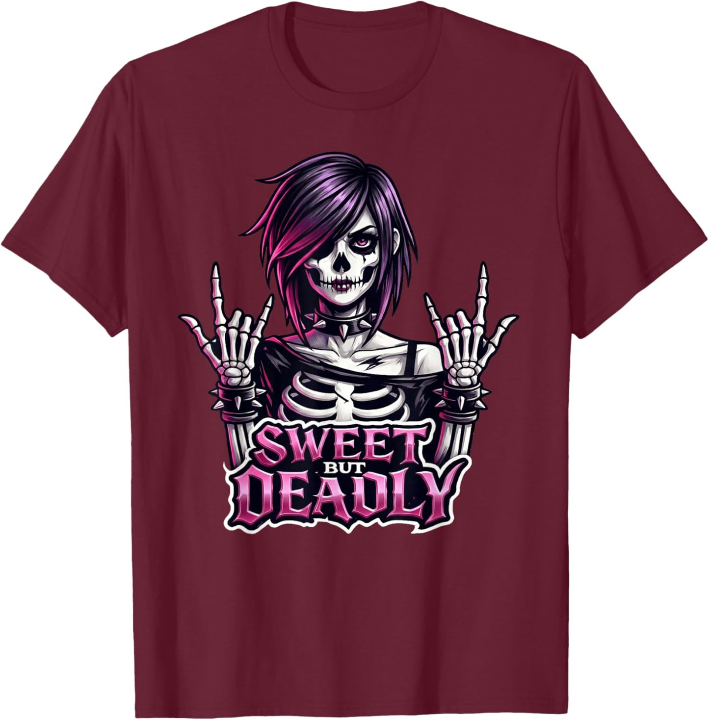 Sweet But Deadly Skeleton Gothic Girl Rock'n Roll Punk T-Shirt - T-Shirt | Maroon